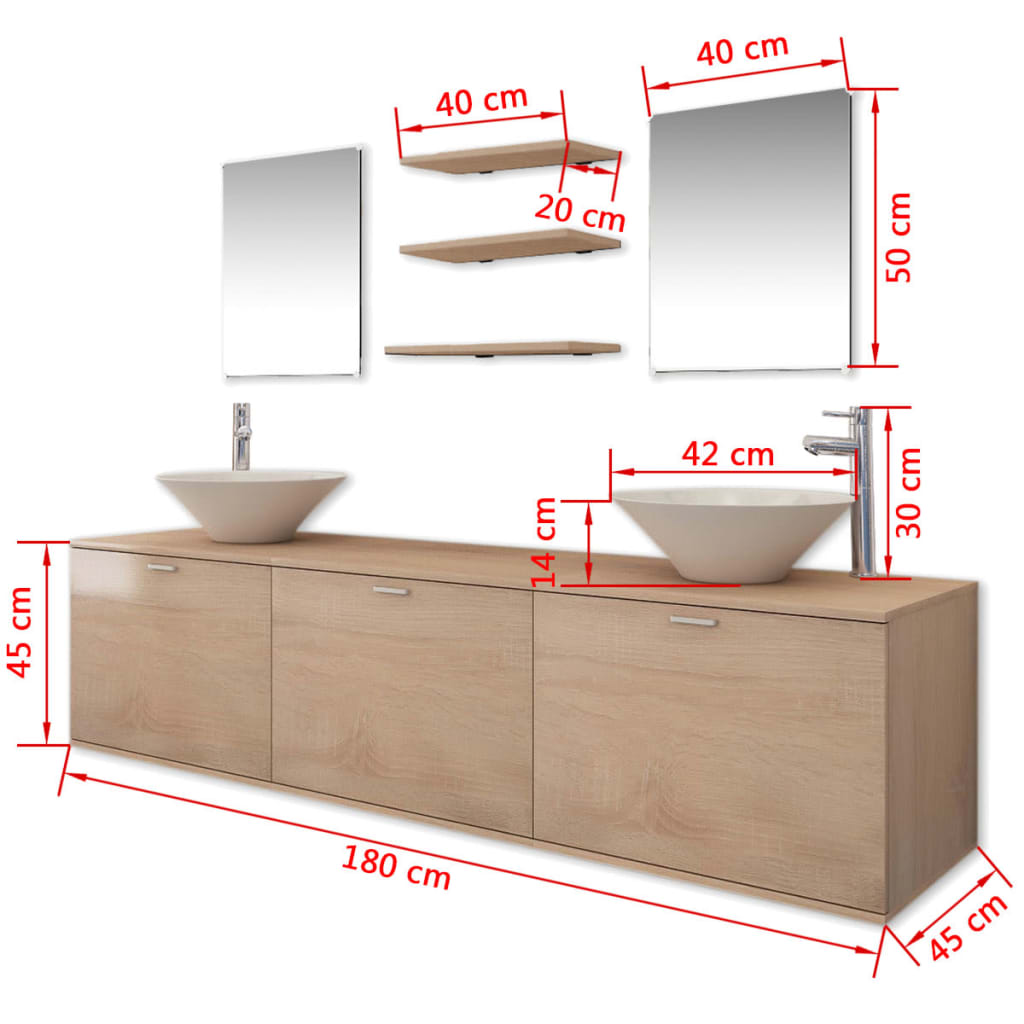10-tlg. Badmöbel-Set mit Waschbecken und Wasserhahn Beige